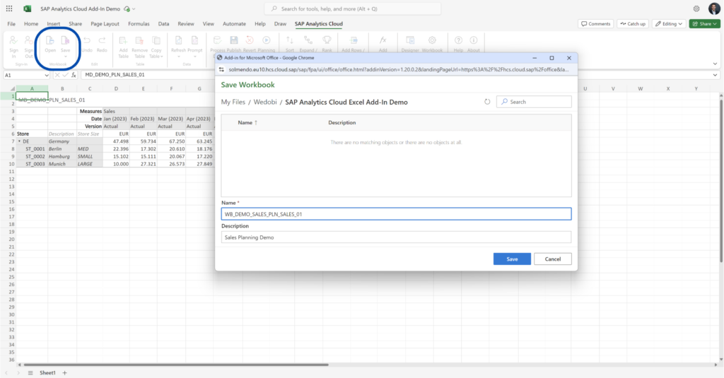 Popup zum Auswählen de Dateiverzeichnis beim Abspeichern eines Workbooks in der SAP Analytics Cloud