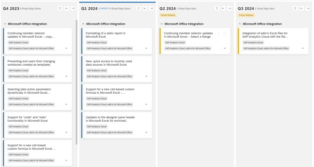 Screenshot aus dem SAP Roadmap Explorer für das Produkt 'SAP Analytics Cloud Excel Add-In'