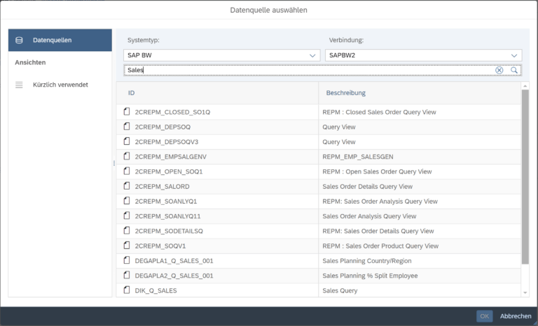 Auswahl einer Datenquelle zur Erstellung einer Adhoc-Datenanalyse im SAP SAC Data Analyzer