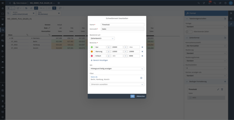 Pflege von Schwellenwerten in dem SAP SAC Data Analyzer