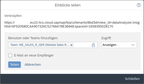 Popup zum Teilen von EInblicken im SAC Data Analyzer