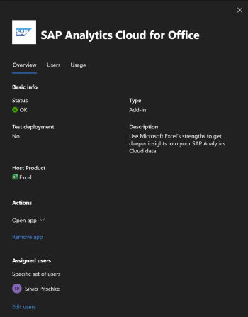 Screenshot der App 'SAP Analytics Cloud Excel Add-In' aus dem Microsoft 365 Admin Center