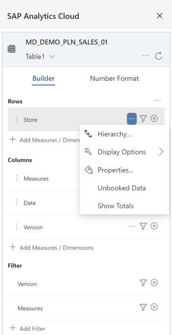 Screenshot des Designer Panels aus dem SAP Analytics Cloud Excel Add-In